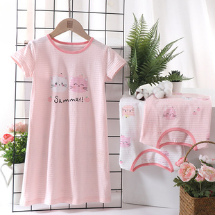 Girls' Nightgown Bamboo Cotton Short-Sleeved Summer Thin Breathable Baby Girl's Pajamas Family Style Home Clothes Air-Conditioned Clothes New