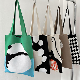 Niche Design Cute Panda Knitted Shoulder Bag Women's Korean-style All-match Large Capacity Shopping Commuter Tote Bag Women's Bag