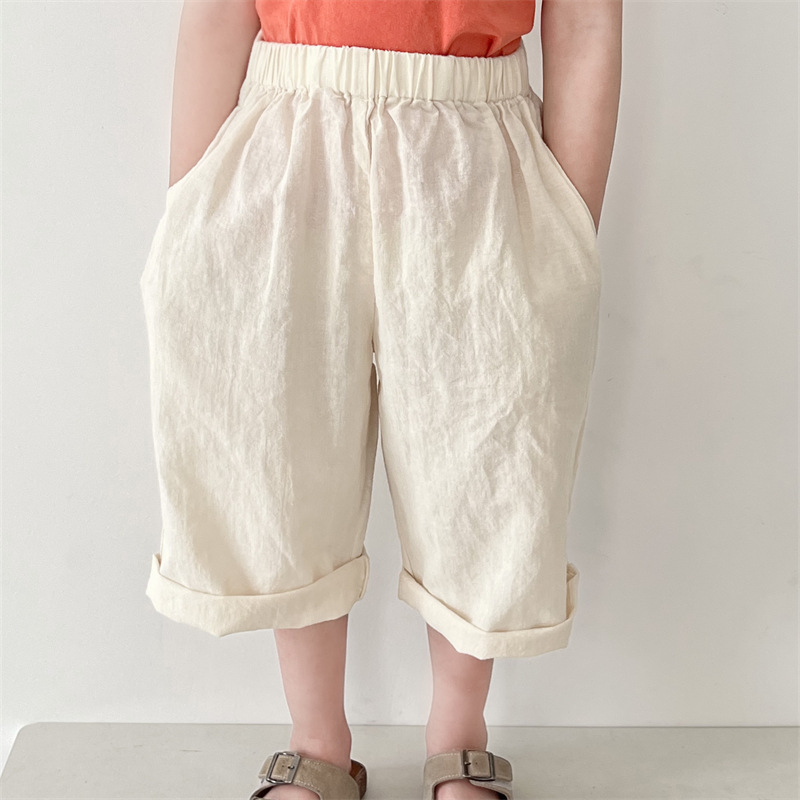 2026 Autumn Children's Cotton Linen Pants, Korean Style Straight Leg Pants, Boys' Retro Style Solid Color, Girls' Nine-Point Mosquito Repellent Pants, Versatile