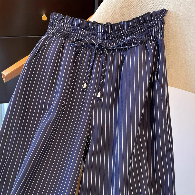 2025 Women's Elastic Waist Printed Striped Wide-Leg Pants with Ruffled Waistband, Versatile Straight-Leg Pants, Slimming Effect
