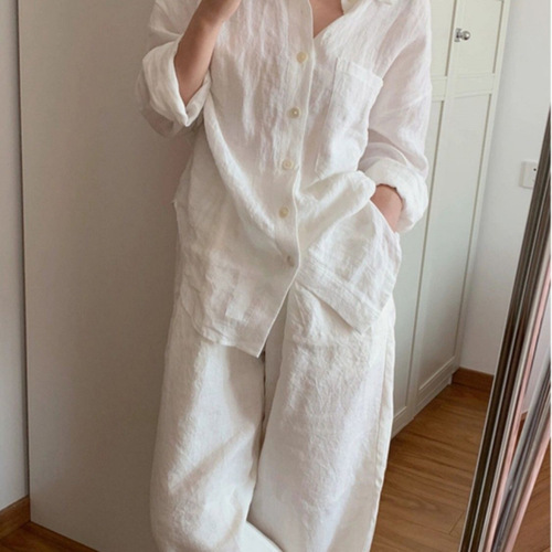 White Cotton Linen Long-Sleeve Women's Top 2025 Spring and Autumn New Simple Casual Sloppy Style Versatile Loose Shirt