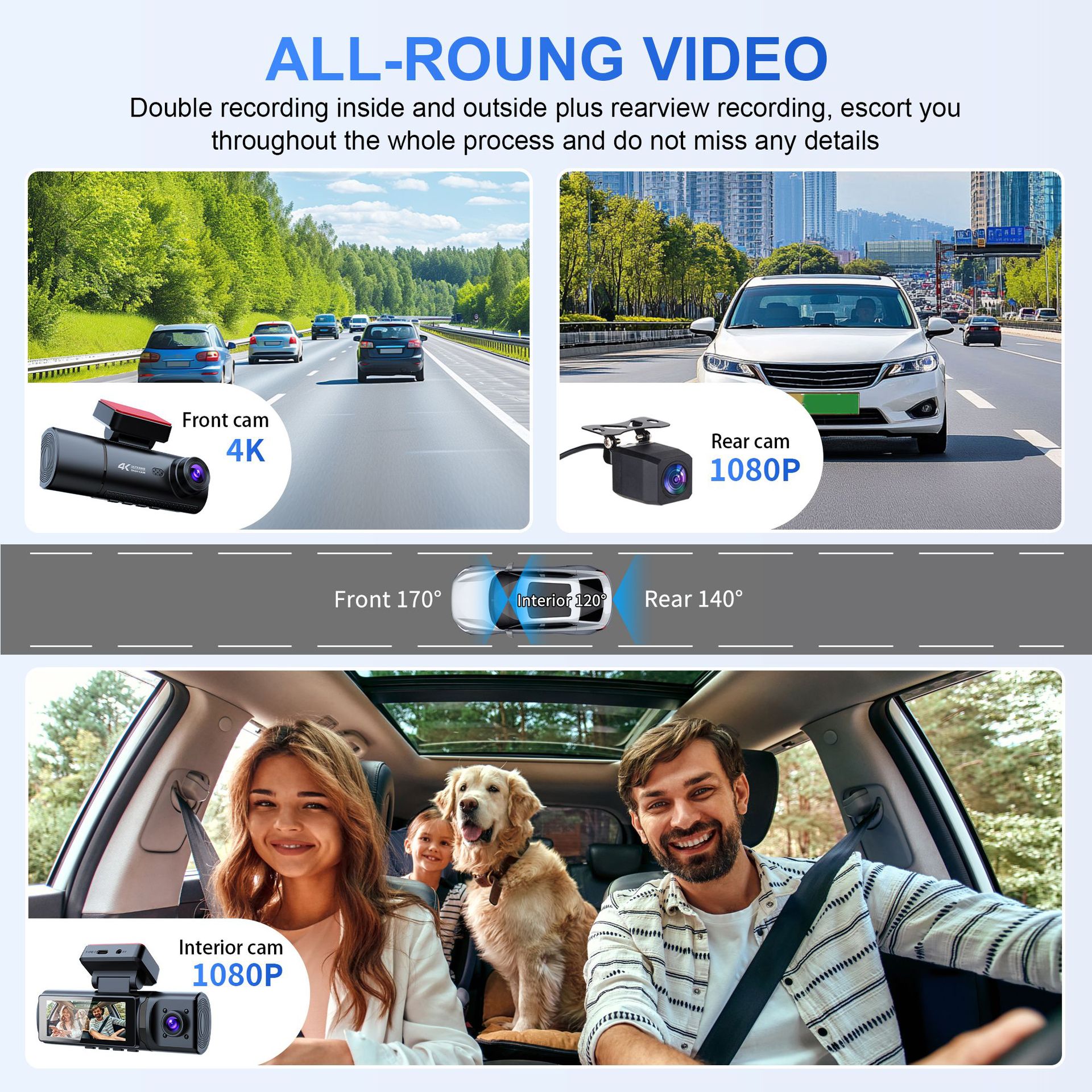 Night Vision Three-Lens 4K Wifi Connected Parking Monitoring Reversing Video Dash Cam 24-Hour Parking Monitoring