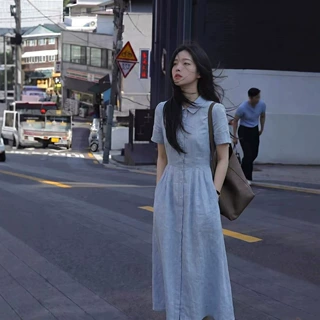 韩系极简蓝色衬衫连衣裙女 025夏季收腰显瘦通勤短袖棉麻长裙批发