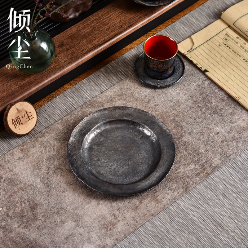 Bird-Perched Bamboo Branch Tin Pot Holder, Vintage Handmade Tin Tea Tray, Distressed Pure Tin Dry Brewing Stand, Tin Tea Snack Tray