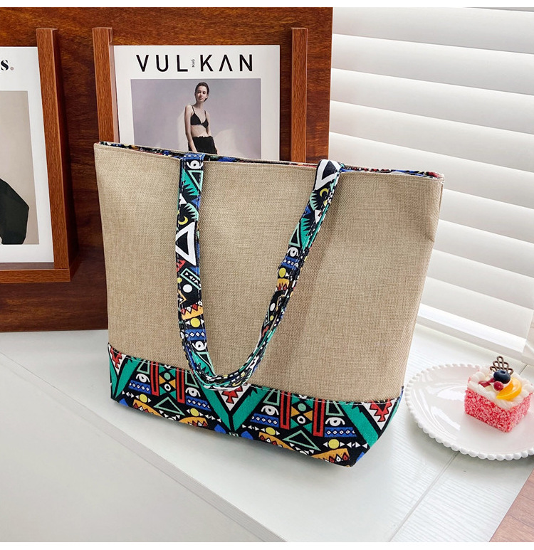 472g Weight Polyester Lining Material Zipper Closure Type Double Shoulder Straps Strap Type Tote Bag Bags Type Street Occasion cotton and linen Material Geometric Pattern All Seasons Season Women's Gender Ethnic Style Style Large Size Women's Large Cotton And Linen Geometric Ethnic Style Zipper Tote Bag 14