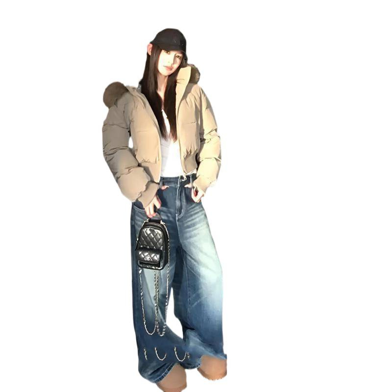 美式复古驼色冬季毛领连帽羽绒棉服女收腰加厚保暖短款面包服外套|undefined