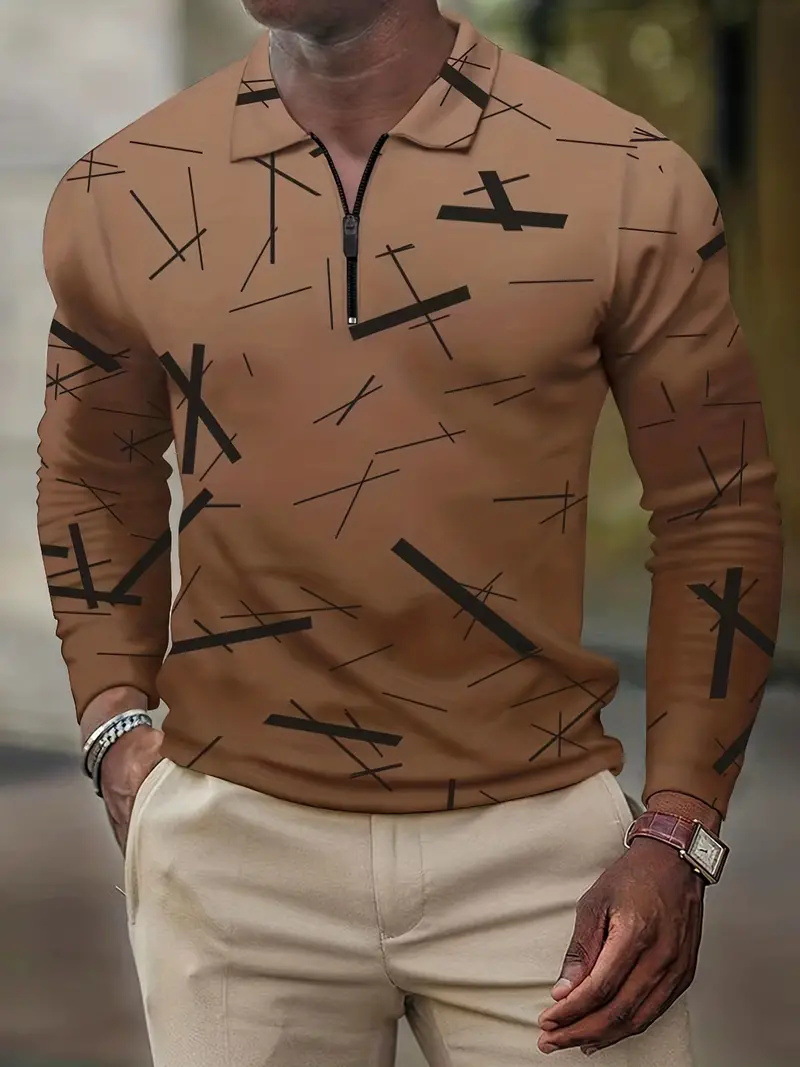 Camisa POLO de solapa de hombre básica simple con estampado digital, camisa delgada de manga larga con cremallera MB14