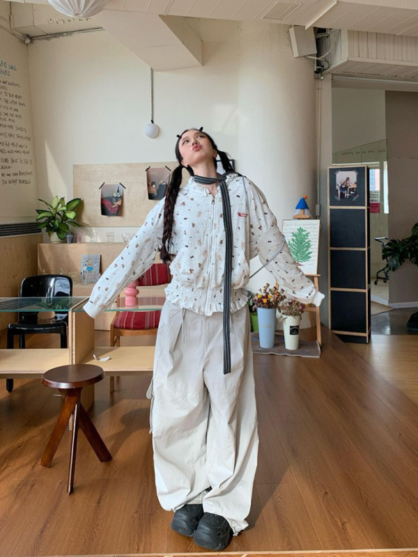 美式高街小狗满印褶邹花边连帽卫衣女春秋薄款高级感甜酷短款外套|undefined