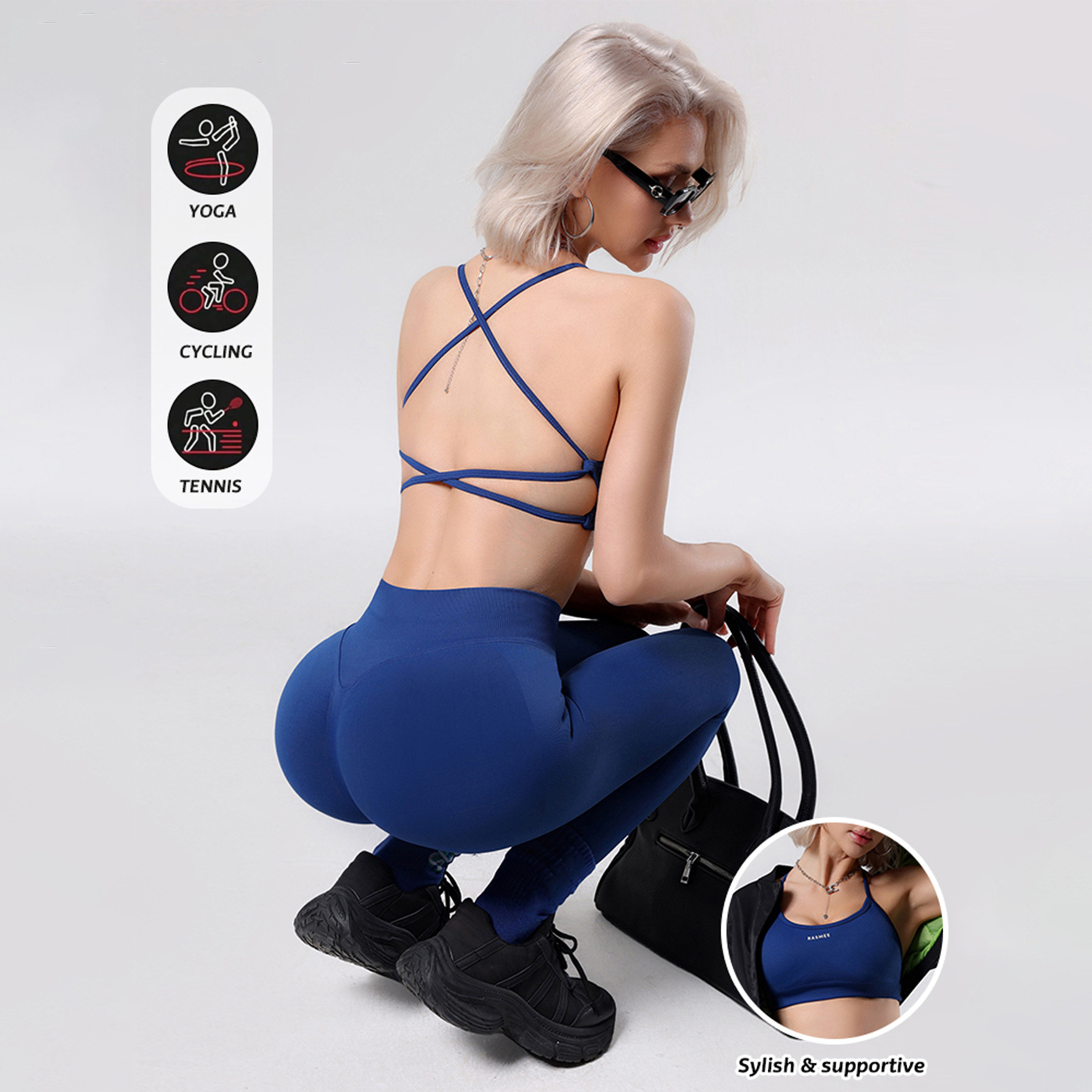 Df Sports Yoga Outfit Set for Women, Beautiful Back Strap Sports Bra, Running Fitness Tummy Control Peach Butt Yoga Pants