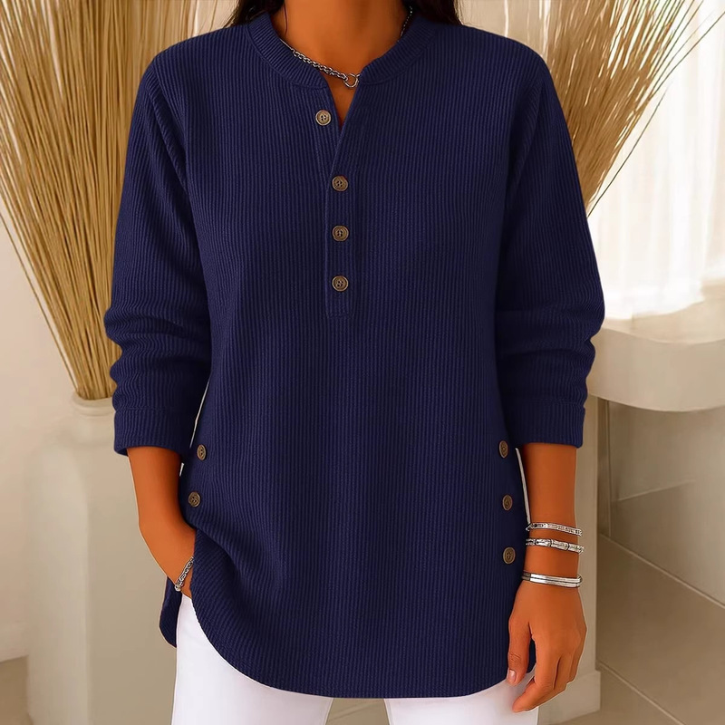 2026 Cross-Border European and American Spring New Amazon Solid Color Loose Casual V-Neck Button Long-Sleeve Women's Top T-Shirt 2026 Cross-Border European and American Spring New Amazon Solid Color Loose Casual V-Neck Button Long-Sleeve Women's Top T-Shirt