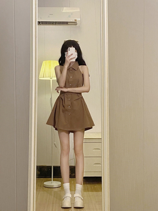 Spice Girl Vintage Polo Collar Elegant Strap Shirt dress Summer Pure Desire Waist Slimming A- line Short Skirt