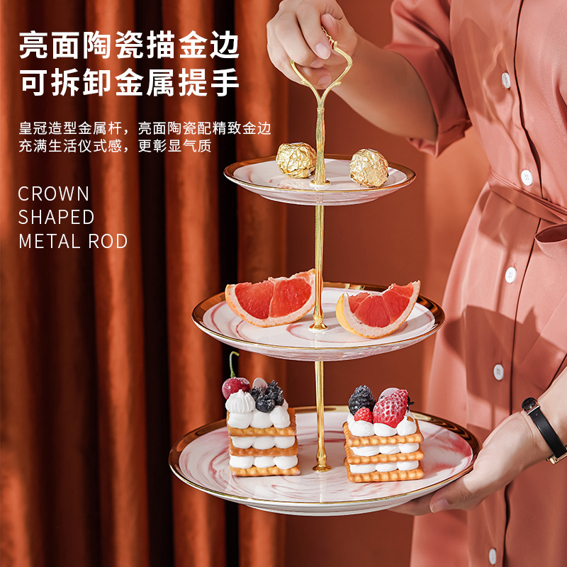 Estilo europeo de tres capas de cerámica marmolado plato de fruta té de la tarde ins estilo pastel banquete de boda bandeja de postre