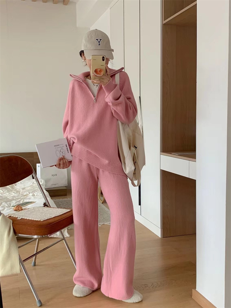 Women’s Korean Style Knit Sweater & Wide Leg Pants Set – Lapel Half-Zip Lounge Suit (One Size, 6 Colors)_voghion.com