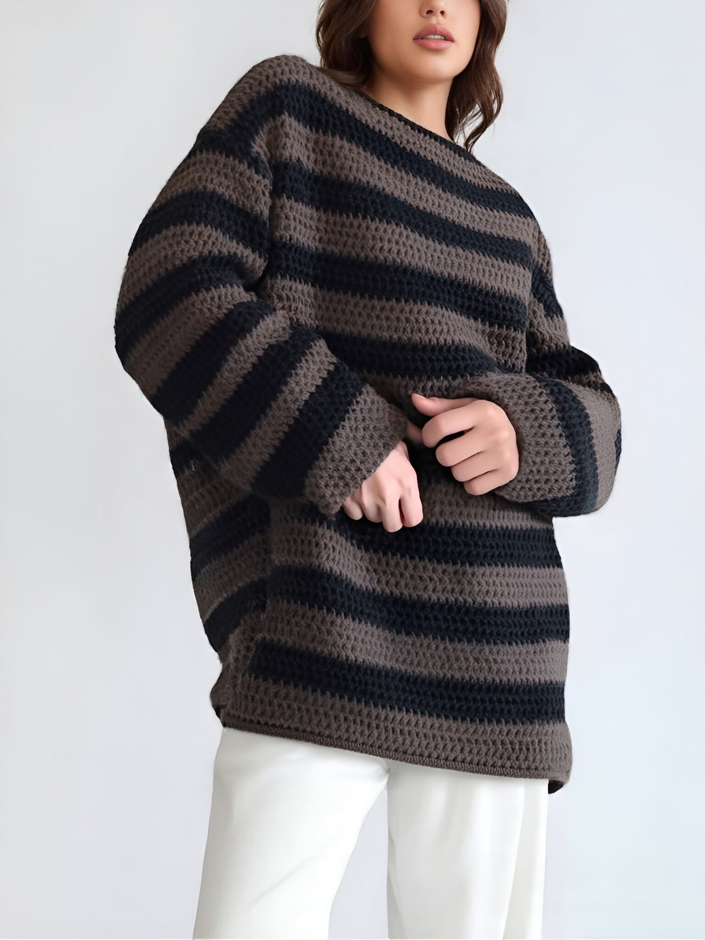 Europa y América transfronteriza Amazon Otoño e Invierno superior suelta fuera del cuello a rayas de manga larga Jersey de punto suéter casual para las mujeres