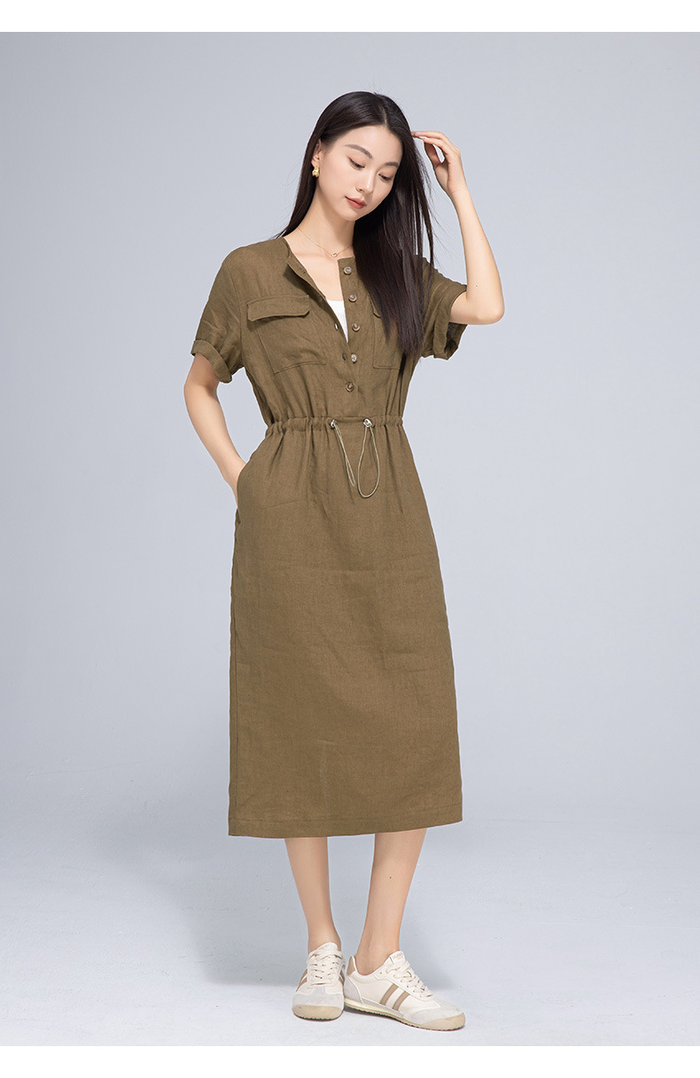 Đầm maxi nữ linen dáng rộng eo rút dây, thiết kế cắt may 3D — màu ô liu xanh chi tiết 25