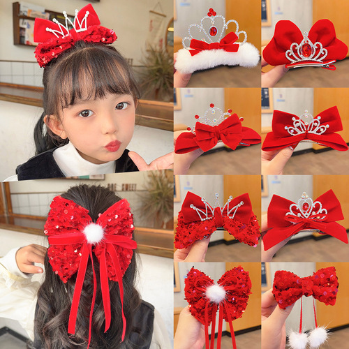 New Year Hair Accessories Children's Hairpin Little Princess Crown Bow Red New Year Hairpin Girls Happy New Year Headwear