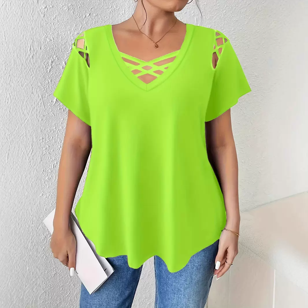2025新款欧美跨境速卖通特大码女装v领纯色短袖交叉带细节T恤女装