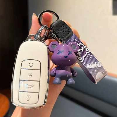 Car key bag — Case Car Ruihu 8pro/7Plus Kunpeng - chery-h-smart-4-key-single-shell-white-purple-bear-pendant
