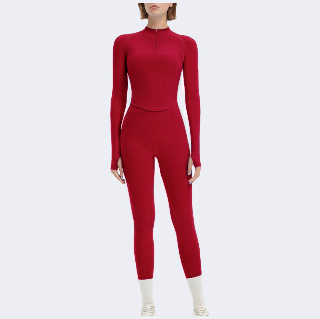 Women Fitness 2 Piece Set Seamless Long Sleeve Yoga Outfits Sport Leggings Half Zipper Jacket Gym Set