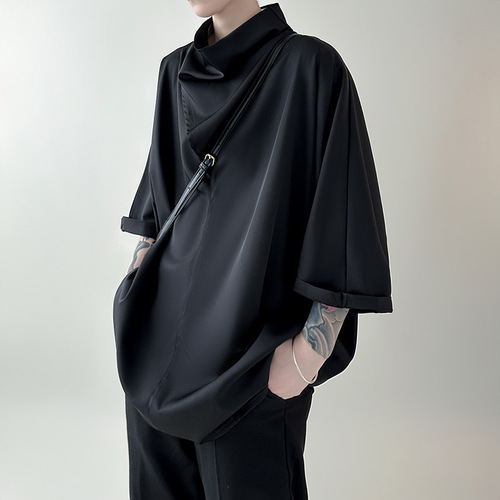 2026 foreign trade irregular semi-high-neck ice silk t-shirt high-quality dragline pure white pile collar short sleeve seven-quarter sleeves