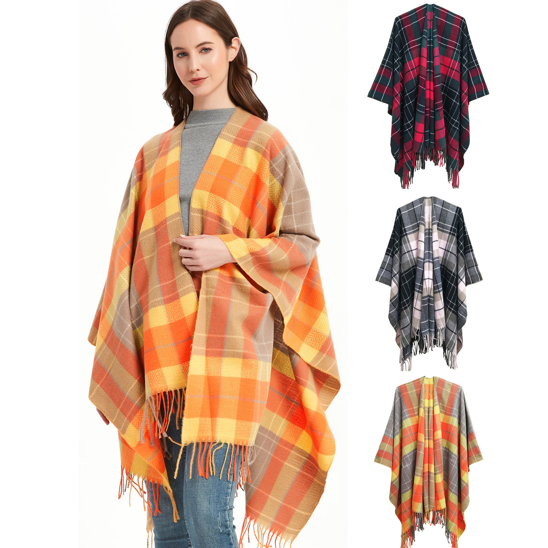 Unisex Spring fall women's cape double-sided plaid split acrylic cape_voghion.com