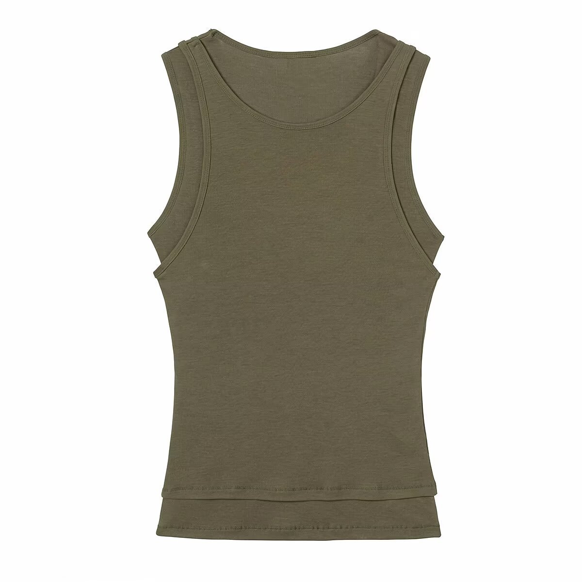 Women's Slim Fit Double-Layer Sleeveless U-Neck Top - Versatile Layering Essential In Black, White, Olive Green_ecoleips.com
