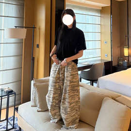 ins夏季格纹迷彩裤宽松抽绳工装长裤休闲百搭美式潮流