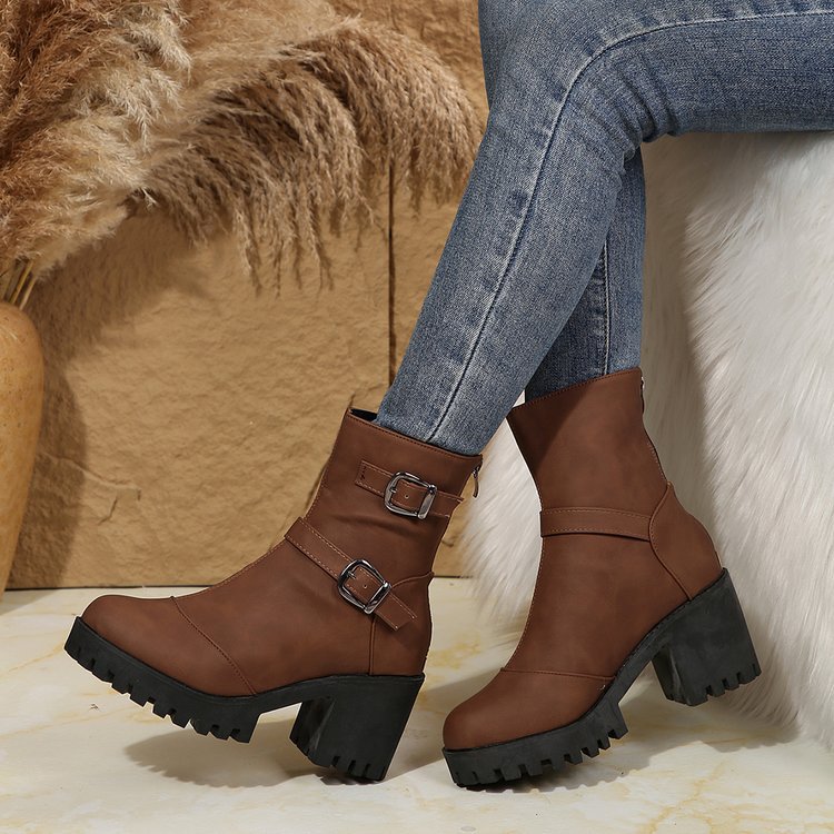 Big size thick heel boots women's autumn and winter fashion belt buckle explosive short boots cotton boots fashion boots_voghion.com