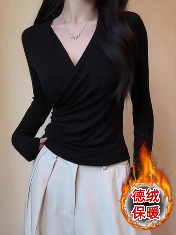 双面德绒黑色交叉v领长袖t恤女装秋冬季新款遮肚子内搭打底衫上衣|undefined