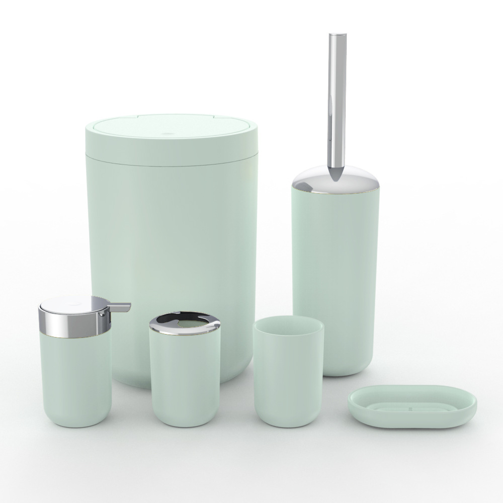 Plástico de color sólido plateado seis piezas conjunto de cepillo de dientes caja de jabón cepillo de inodoro almacenamiento baño conjunto de lavado