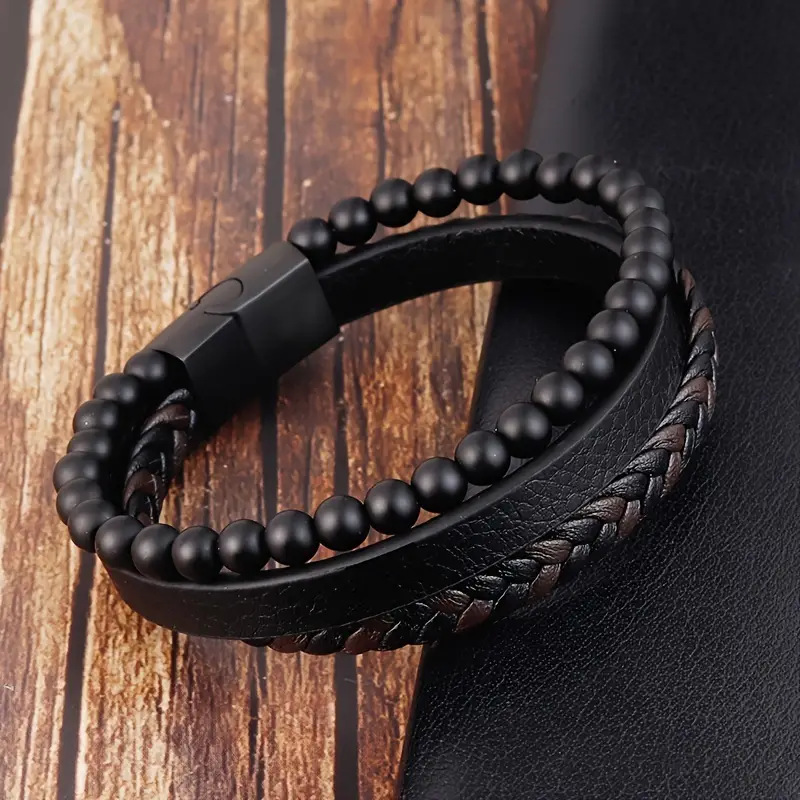 Hot-Selling Natural Volcanic Stone Multi-Layer Men's Leather Woven Bracelet Manufacturer Wholesale_voghion.com