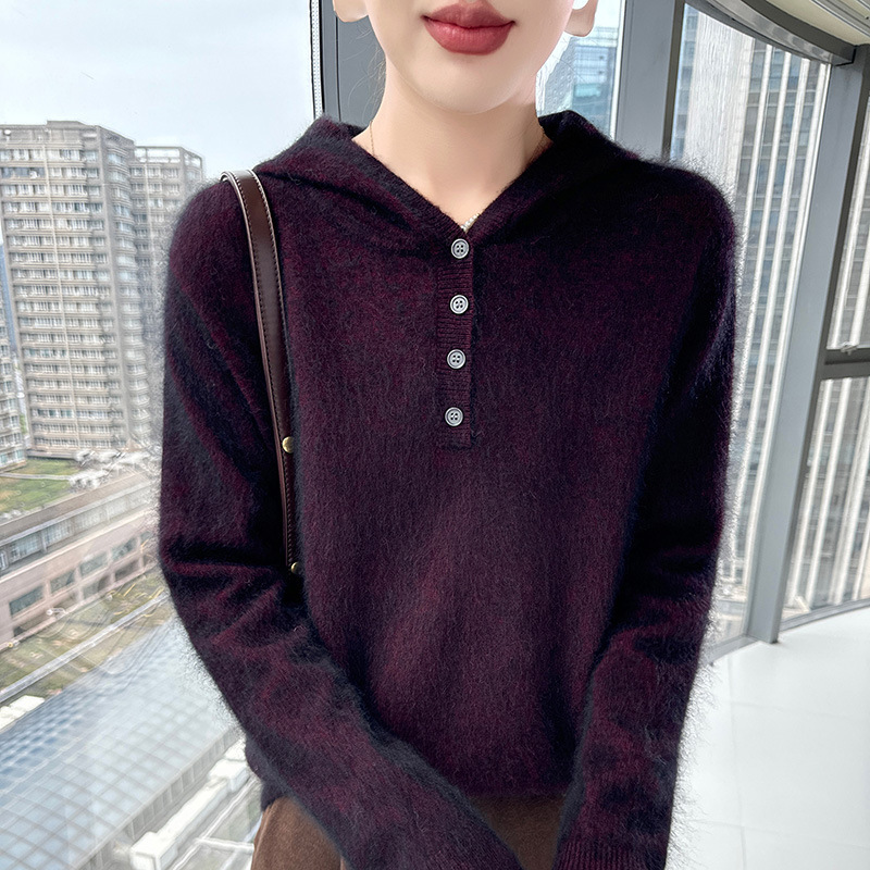 2025 New Autumn and Winter Pure Mink Velvet Hooded Knitwear Long-Sleeved Women's Button Pure Color Loose Warm Bottoming Shirt