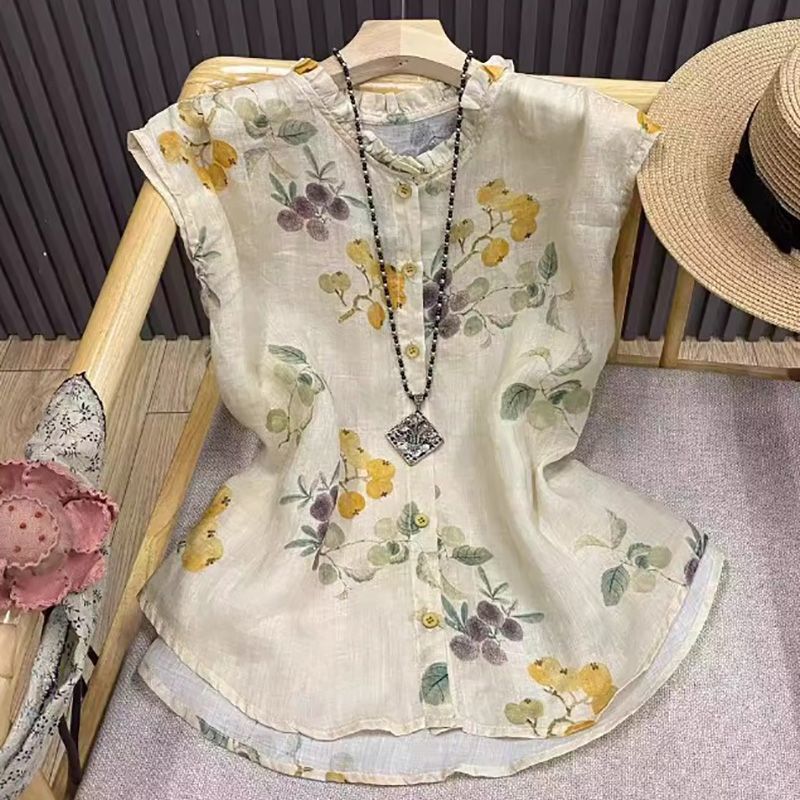 Vintage Print Sleeveless Youthful Blouse 2025 Summer Ruffled Artistic Versatile Top Elegant Shirt for Women