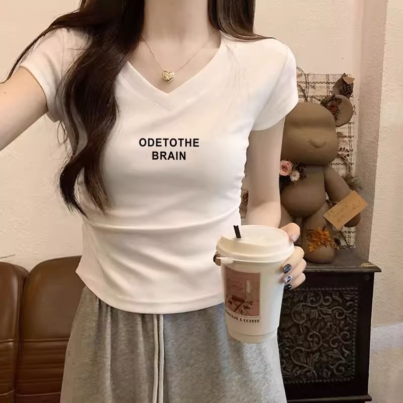 純綿夏の新しいスタイルの女性用Vネック半袖Tシャツ、スリムフィット、プリーツホットガールトップ|undefined