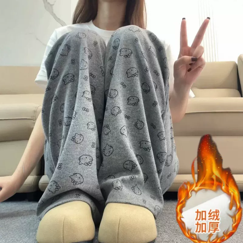秋冬kt猫糯米裤秋冬加绒加厚高腰垂感阔腿裤女慵懒风松弛感直筒裤
