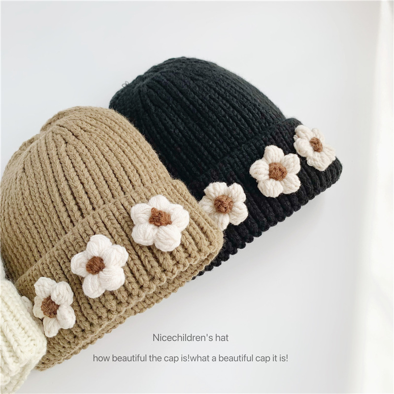 Cappello unisex lavorato a maglia con fiori, stile ins, da donna, autunno, inverno, genitore-figlio, caldo cappello di lana_voghion.com