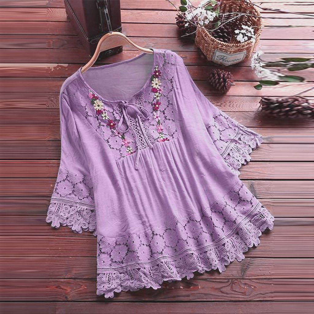 Elegantes Damen-Top mit V-Ausschnitt, Frühlings-/Sommerstil, Patchwork-Spitzenbesatz, lockere Passform, Baumwoll-Leinen-Mischung, europäischer und amerikanischer Stil_voghion.com