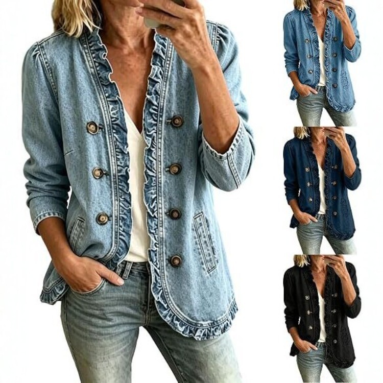 Autumn New Arrival: Women's Washed Denim Jacket with Ruffle Trim and Button Closure, Long Sleeve Casual Denim Coat Autumn New Arrival: Women's Washed Denim Jacket with Ruffle Trim and Button Closure, Long Sleeve Casual Denim Coat