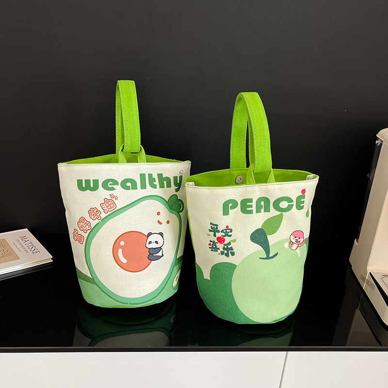 原创插画ins手提水桶包手提包外出零食帆布包可爱外出日系小拎包