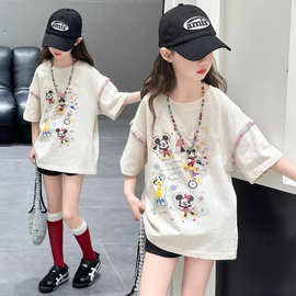 女童夏款短袖T恤2025新款儿童夏季宽松卡通洋气夏装上衣