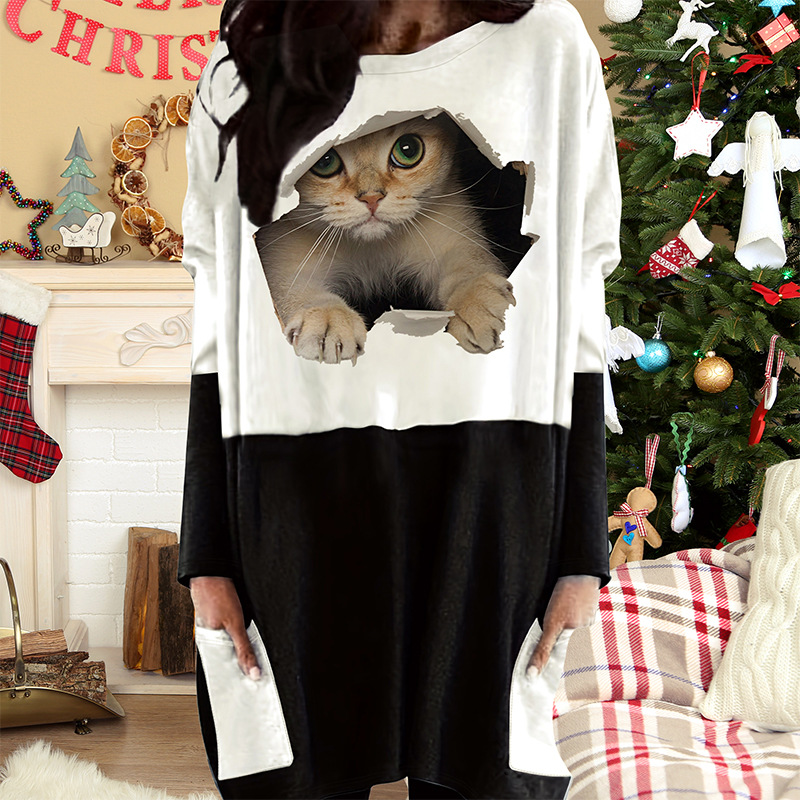 Women's long top black white bottom, cat print with pocket pullover, women's hoodie and pajama_voghion.com