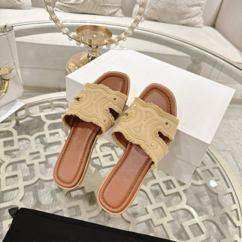 鼎版！女性がデニムブルーのフレンチスリッパを着用できるトライアンフアーチのフラットスリッパ、レトロなスタイル|undefined