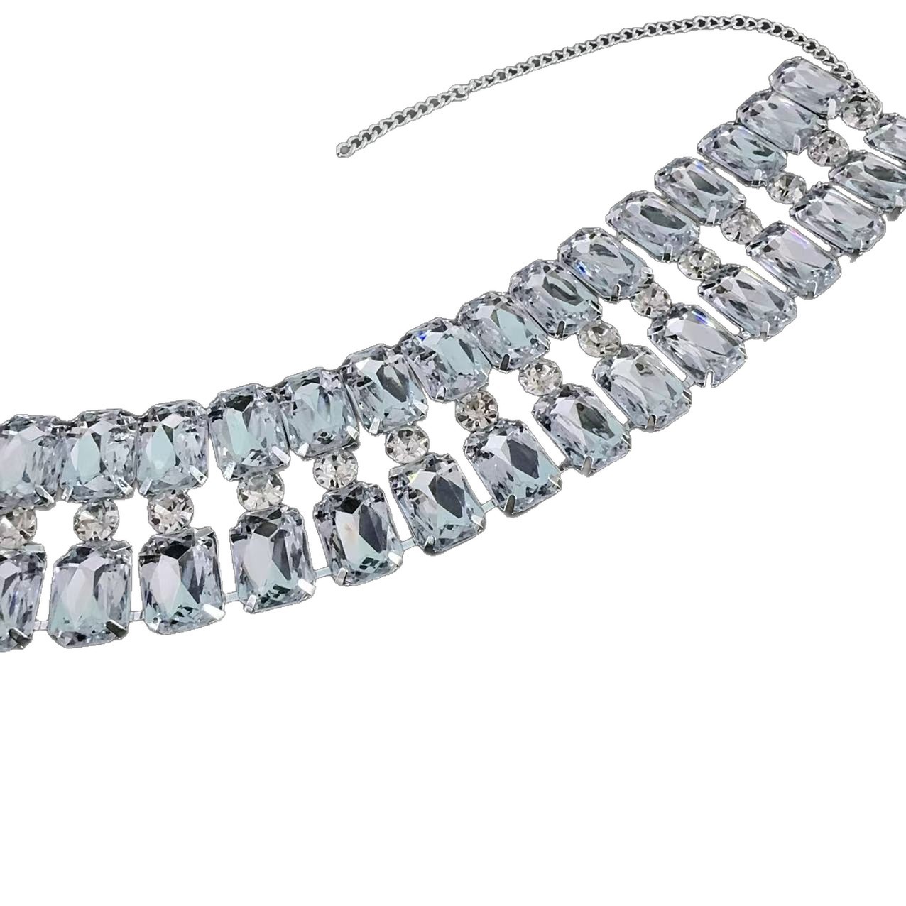 Exaggerated Multi-row Full-diamond Square Choker Necklace_voghion.com