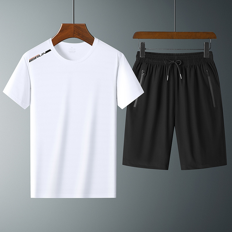 Ropa de verano de secado rápido traje de manga corta deportiva para hombres talla grande Camiseta de seda de hielo pantalones de estudiante traje de tres piezas