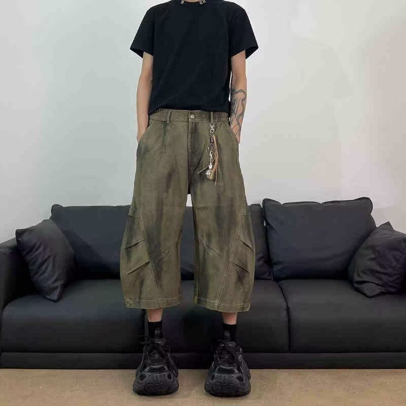 American Retro Distressed Dirty Dyed Cargo Shorts for Men, Summer Loose Straight Wide-Leg Pleated Scimitar Cropped Pants Ins