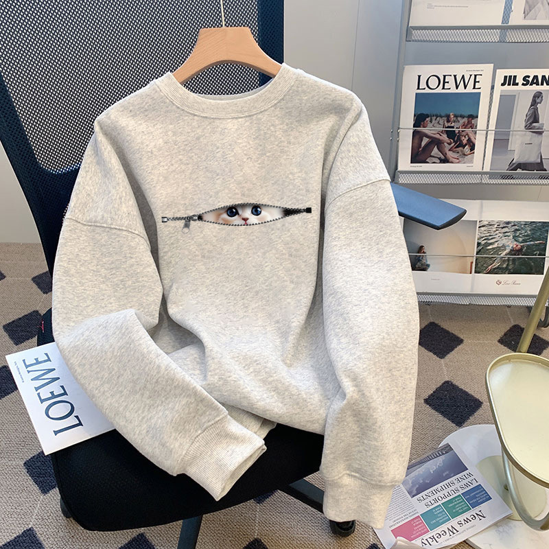 Trendy White and Gray Cartoon Round Neck Sweatshirt for Women 2025 New Popular Loose Slimming Top Spring Versatile Jacket Trendy White and Gray Cartoon Round Neck Sweatshirt for Women 2025 New Popular Loose Slimming Top Spring Versatile Jacket