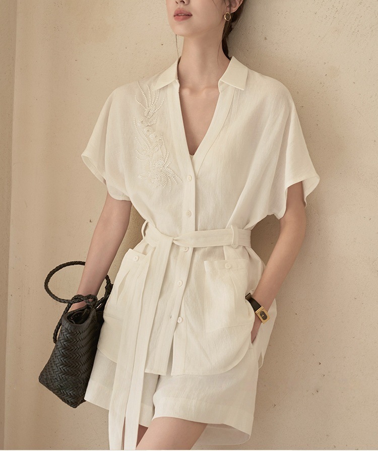 Women's Cotton Linen V-neck Belted Shorts Set Wrinkle Resistant_voghion.com