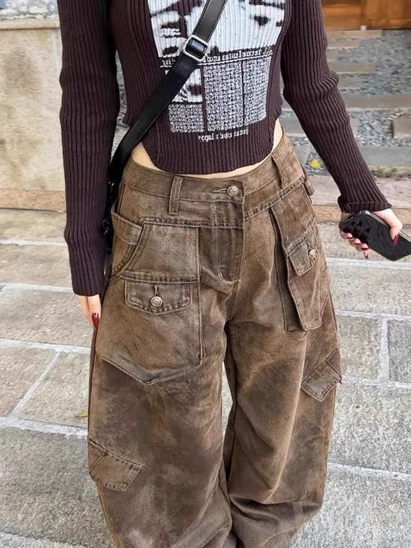 アメリカンレトロな大きいサイズのブラウンオーバーオール女性の秋冬の新しいホットガールヘビーデューティーマルチポケットシミターフロアモップパンツ|undefined