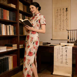 贝之韵红色提花缎复古短袖旗袍2025年春季新款改良新中式日常可穿