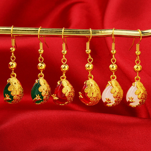 Vietnam Sand Gold Phoenix Gemstone Earrings Ear Hooks Gold Plated Retro Peacock Transfer Beads Long Tassel Temperament Earrings for Women